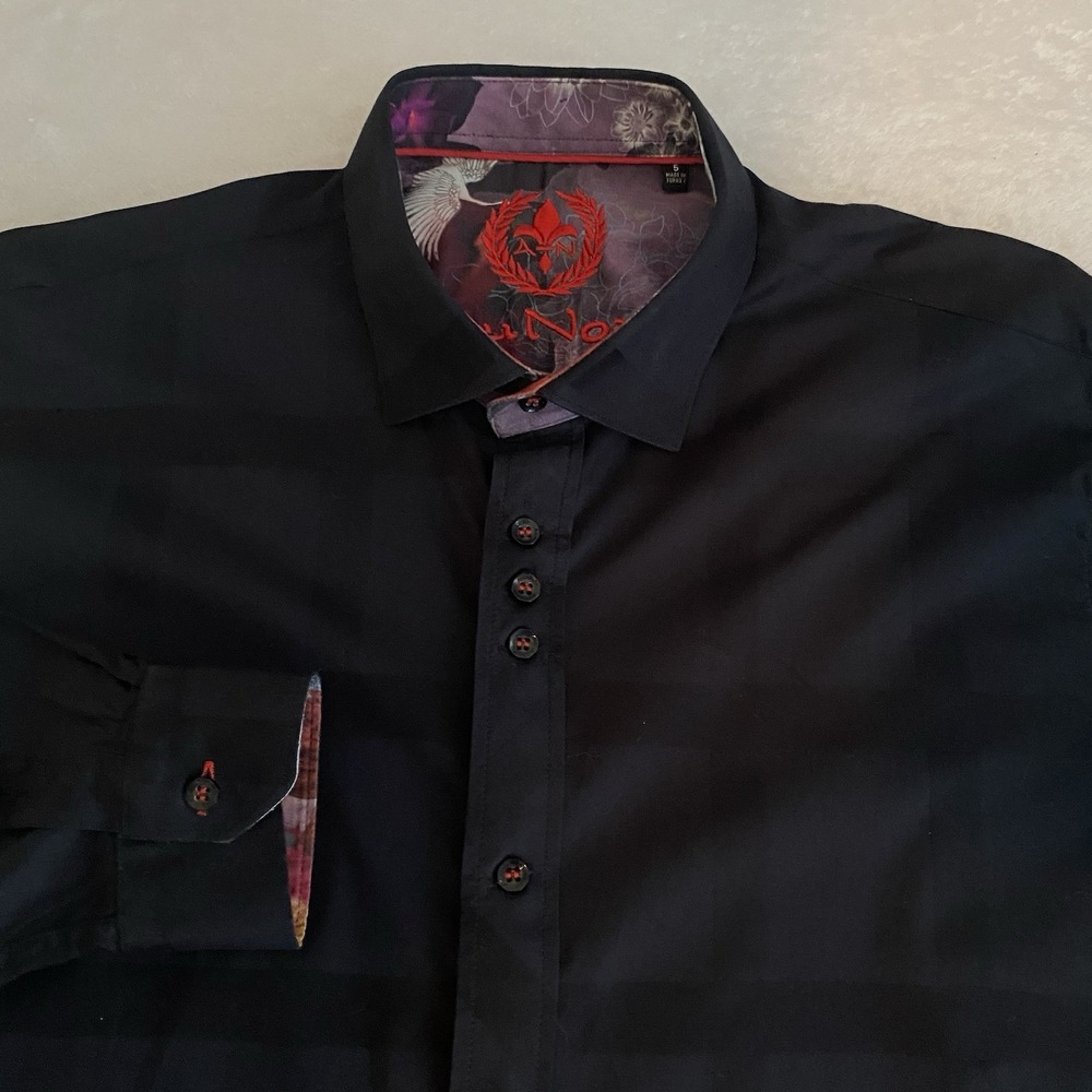 AU NOIR Shirt Mens L-XL (5) Black on Black Windowpane Checks Contrasting Trim